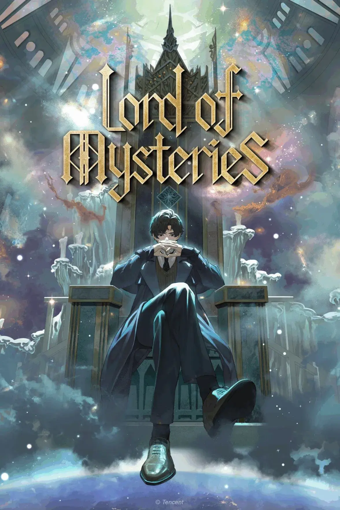 Lord of the Mysteries anime cover - picture of a man in black suit and coat sitting on an elaborate throne.